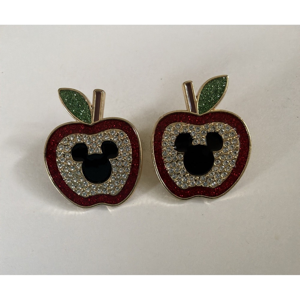 Disney Baublebar Mickey Mouse Apple Rhinestone Pierced Earrings Signed
